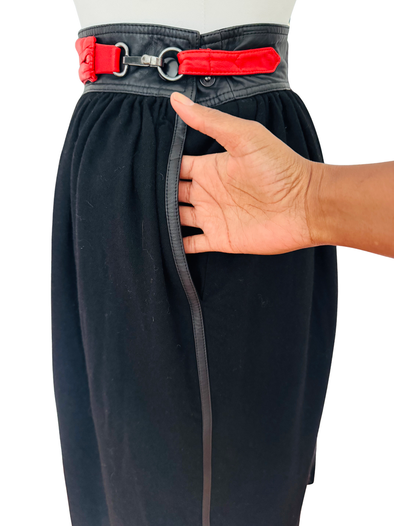 1980's Escada Black Wool Skirt w/Leather Trim