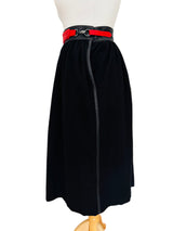 1980's Escada Black Wool Skirt w/Leather Trim