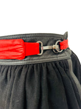 1980's Escada Black Wool Skirt w/Leather Trim