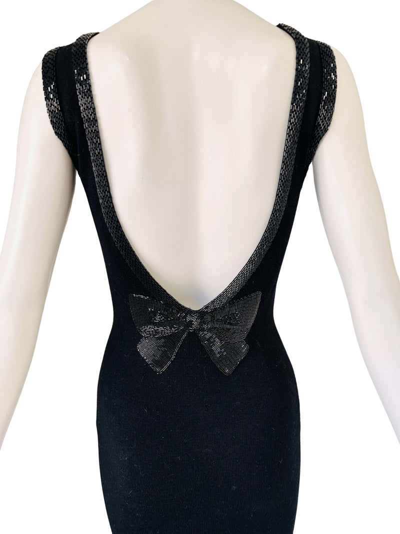 Vintage Black Knit Tank Dress w/Trompe L'oiel Embroidered Bow at Back