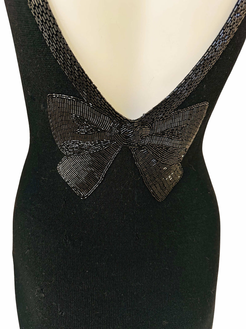 Vintage Black Knit Tank Dress w/Trompe L'oiel Embroidered Bow at Back