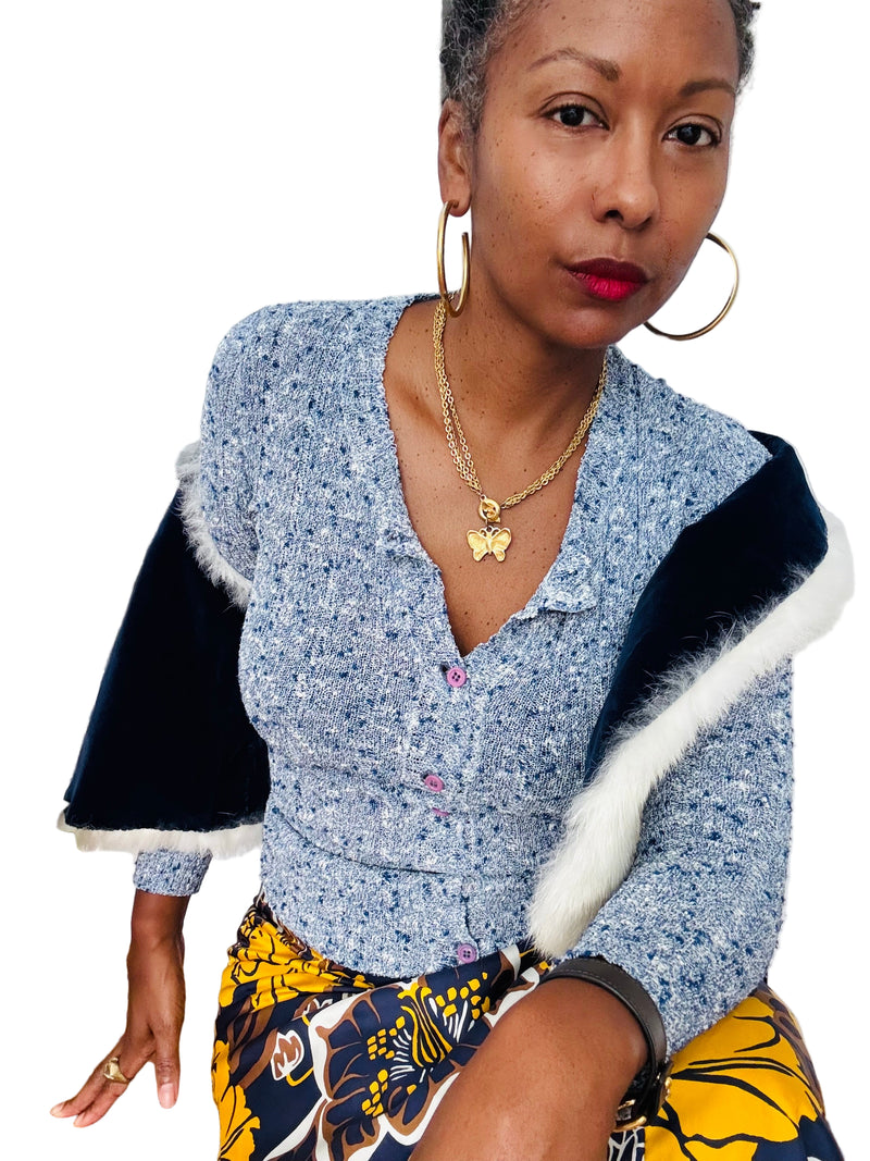 1970's Torrente Blue and White Melange Fitted Sweater