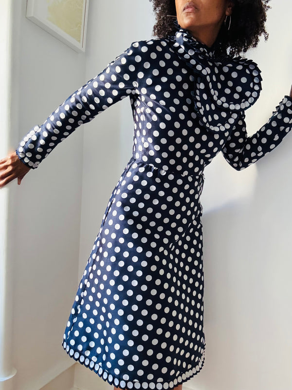 Vintage Geoffrey Beene Navy & White Polka Dot Faille Dress