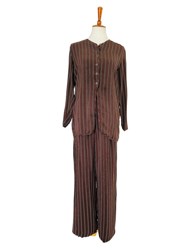 Brown and Ivory Striped Silk Pant Set