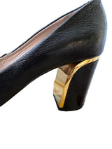 Chloe Black Leather Pumps w/Block Heel and Gold Metal Accents