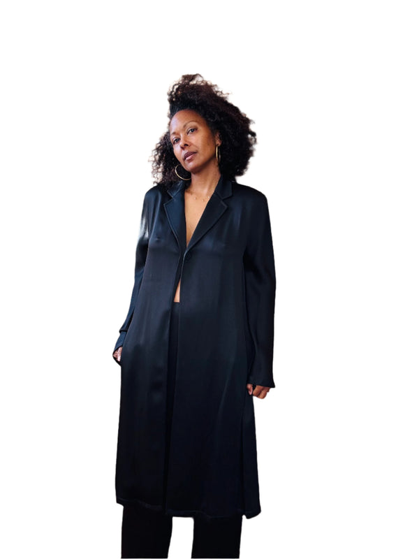 Donna Karan Black Satin Duster Jacket and Pants Suit
