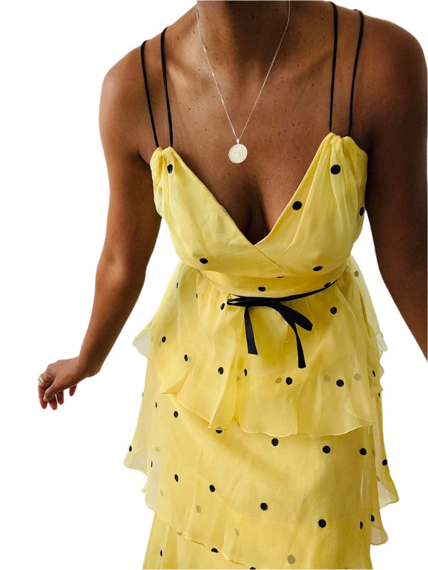 Vintage 1970s Buttercream Yellow Polka Dot Silk Tiered Gown