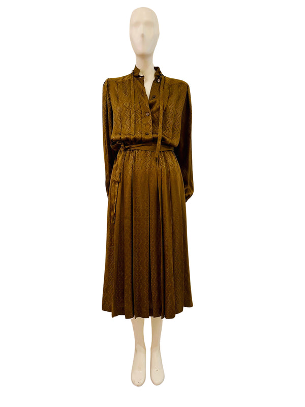 Vintage 1980's Brown Silk Jacquard Midi Dress