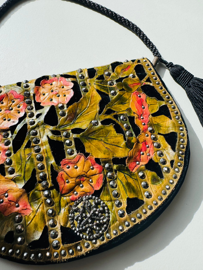 1920's Deco Velvet Purse w/Handpainted Floral Leather Appliqué