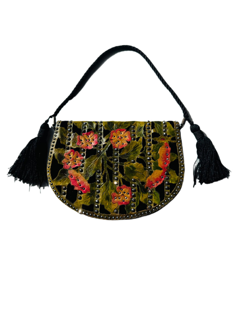 1920's Deco Velvet Purse w/Handpainted Floral Leather Appliqué