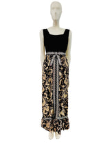 1960's Ivory and Black Paisley Empire Waist Evening Gown