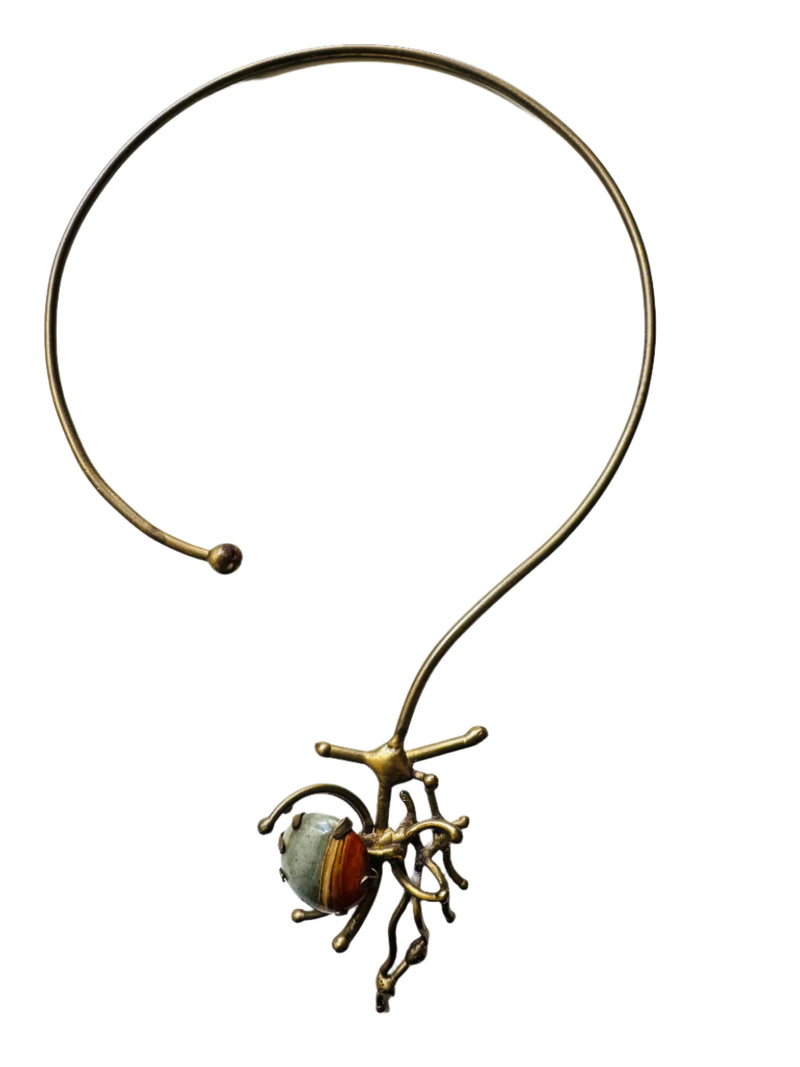 1970's Brutalist Brass Necklace w/Jasper Stone