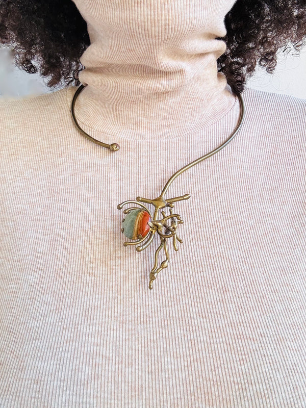 1970's Brutalist Brass Necklace w/Jasper Stone