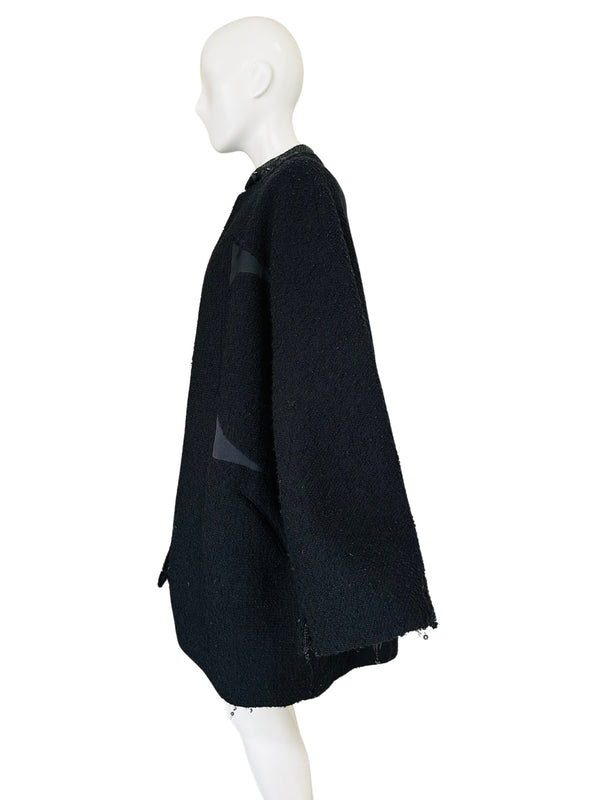 Chado Ralph Rucci Black Wool Cocoon Coat with Sequin and Satin Lining