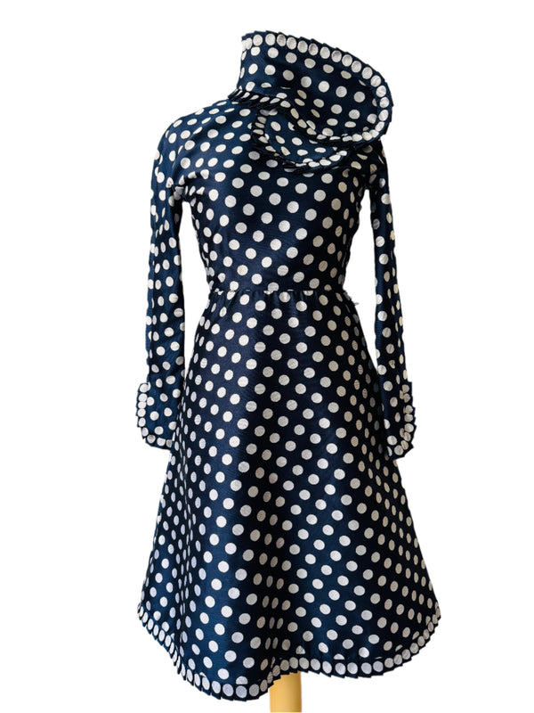 Vintage Geoffrey Beene Navy & White Polka Dot Faille Dress