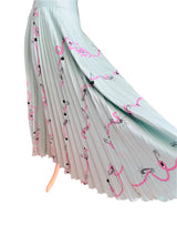 1970's Zandra Rhodes Mint Green Safety Pin Print Pleated Skirt