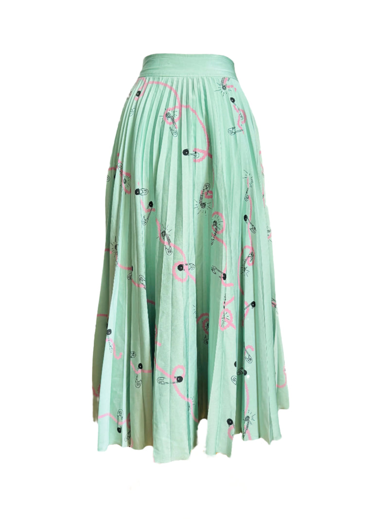 1970's Zandra Rhodes Mint Green Safety Pin Print Pleated Skirt