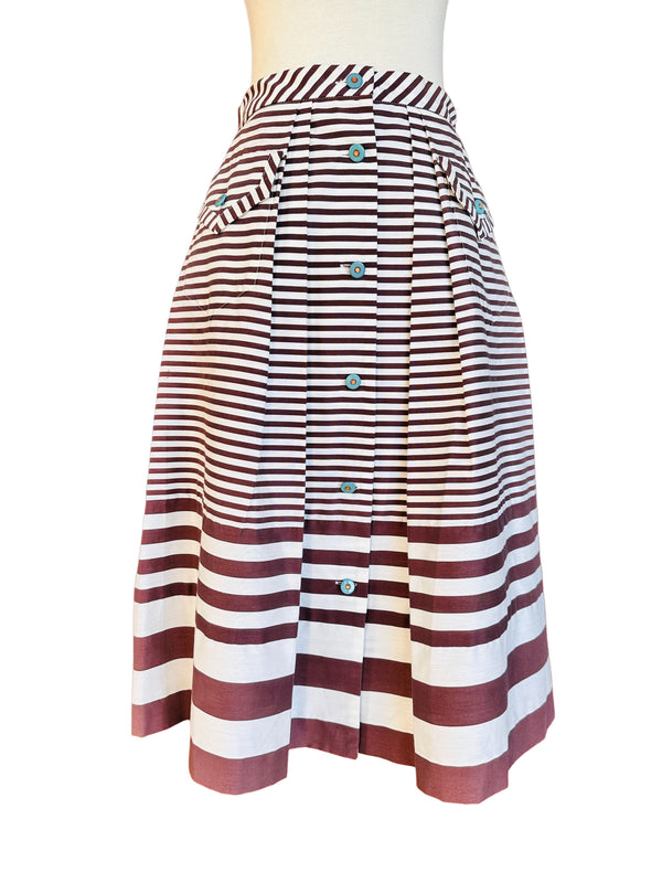 Japanese Brown And White Striped Pleated Skirt