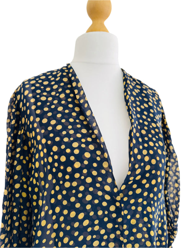 1940's Navy Silk Chiffon Polka Dot Blouse w/Puffed Sleeves