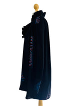 1970's Zandra Rhodes Printed Black Dress w/Ruffled Neckline