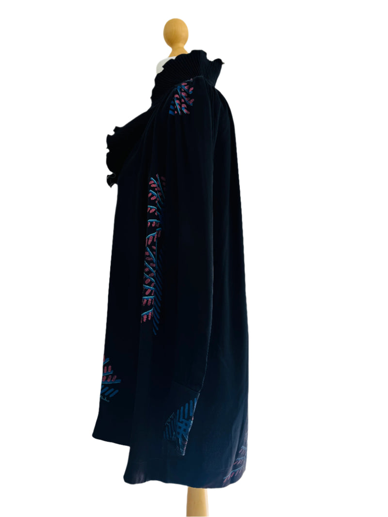 1970's Zandra Rhodes Printed Black Dress w/Ruffled Neckline