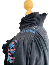 1970's Zandra Rhodes Printed Black Dress w/Ruffled Neckline
