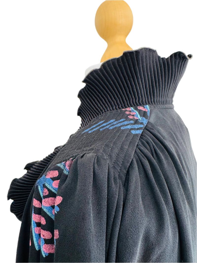 1970's Zandra Rhodes Printed Black Dress w/Ruffled Neckline