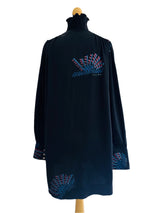 1970's Zandra Rhodes Printed Black Dress w/Ruffled Neckline