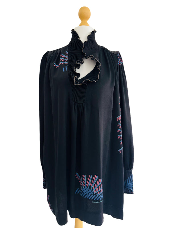 1970's Zandra Rhodes Printed Black Dress w/Ruffled Neckline