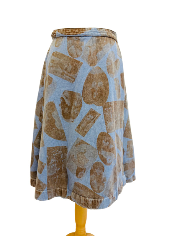 1970's Denim Chambray Topless Print Wrap Skirt