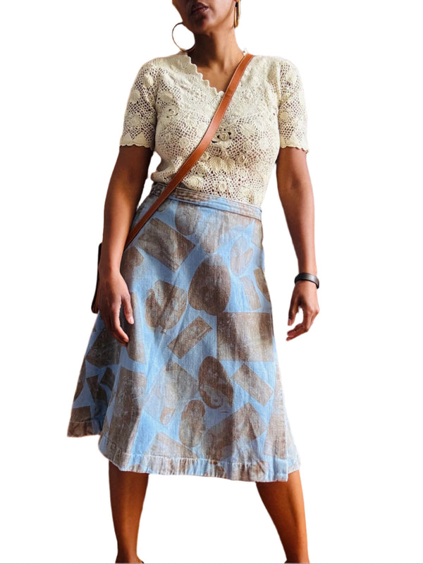 1970's Denim Chambray Topless Print Wrap Skirt