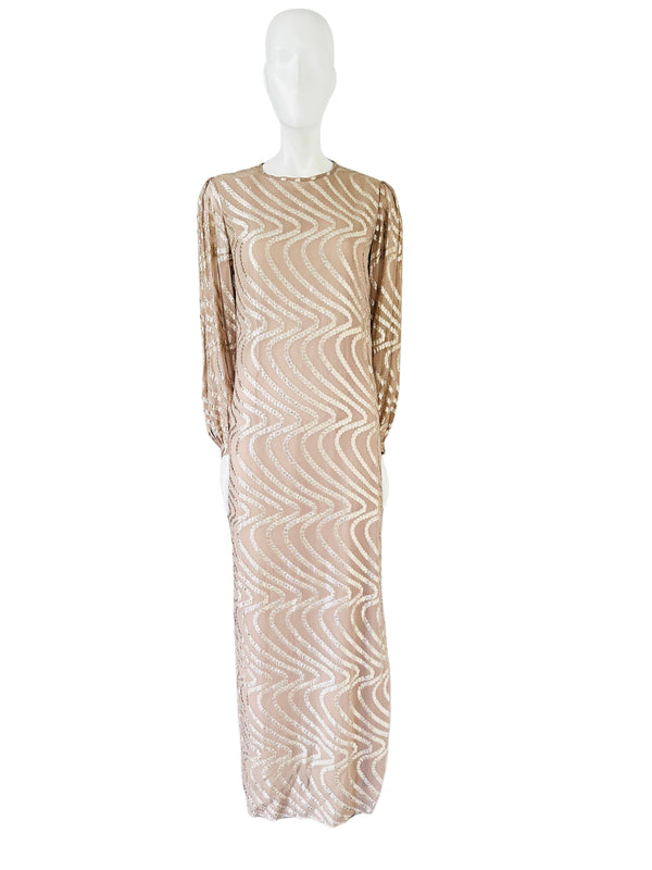 Vintage Champagne Metallic Swirl Silk Chiffon Gown
