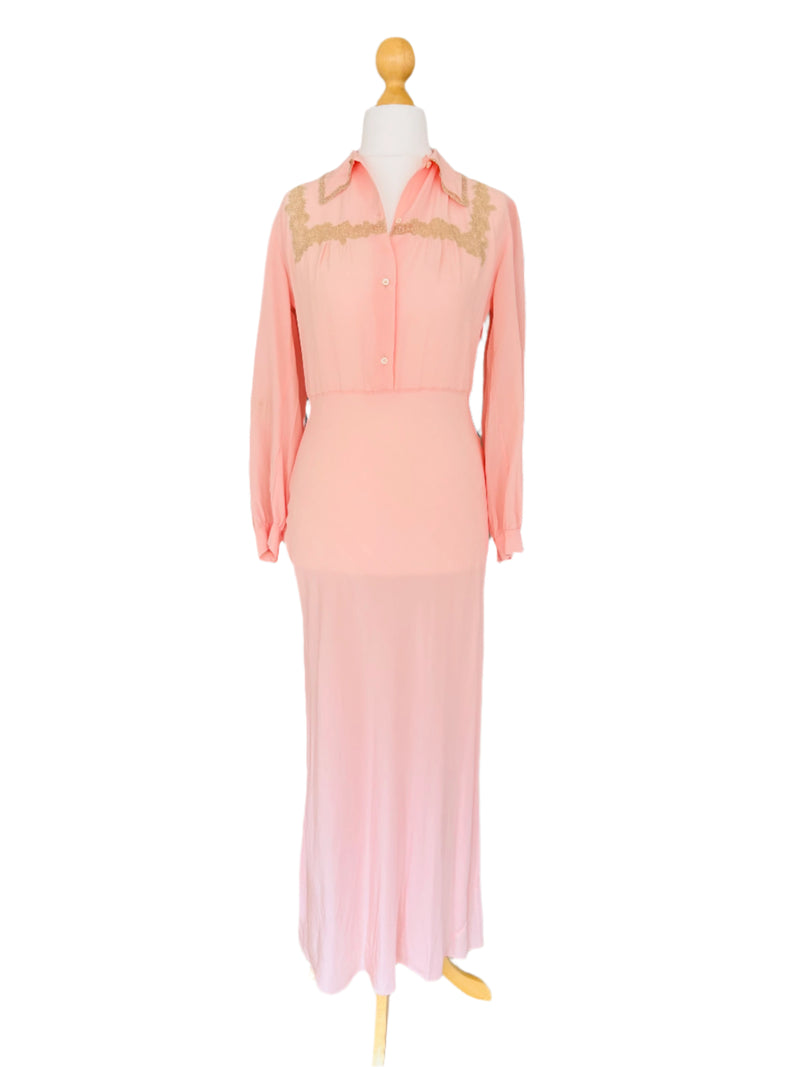 1940's Pink Bias Cut Silk Dress w/Beige Lace Insets
