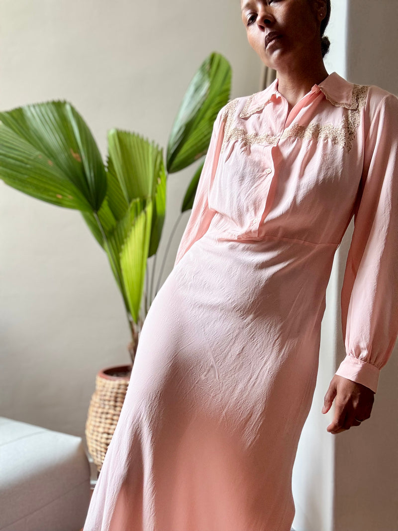 1940's Pink Bias Cut Silk Dress w/Beige Lace Insets