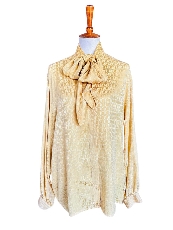 Vintage Daffodil Yellow Silk Jacquard Pussy Bow Blouse
