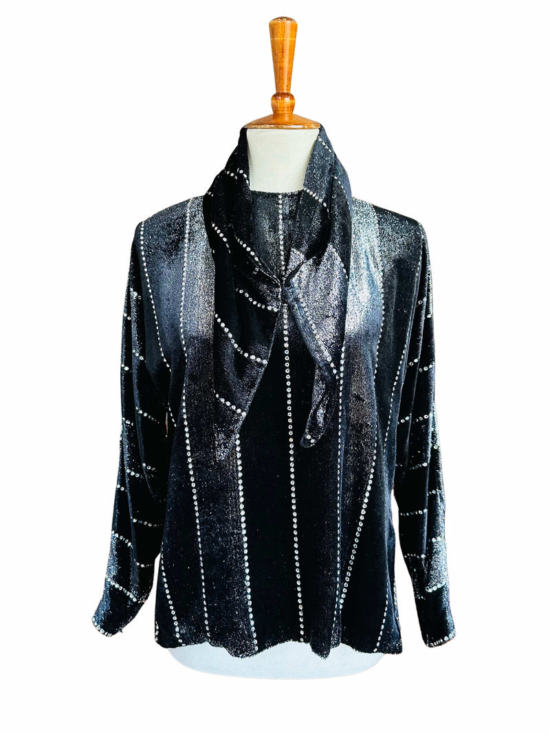 Vintage Givenchy Panne Velvet Rhinestone Accented Top w/Matching Scarf