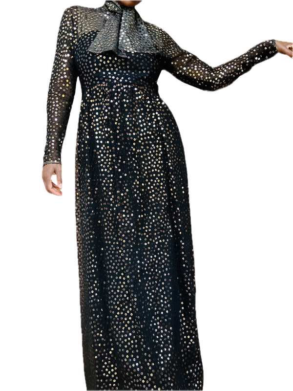 Vintage Victor Costa Sheer Black Gown w/Copper Sequins