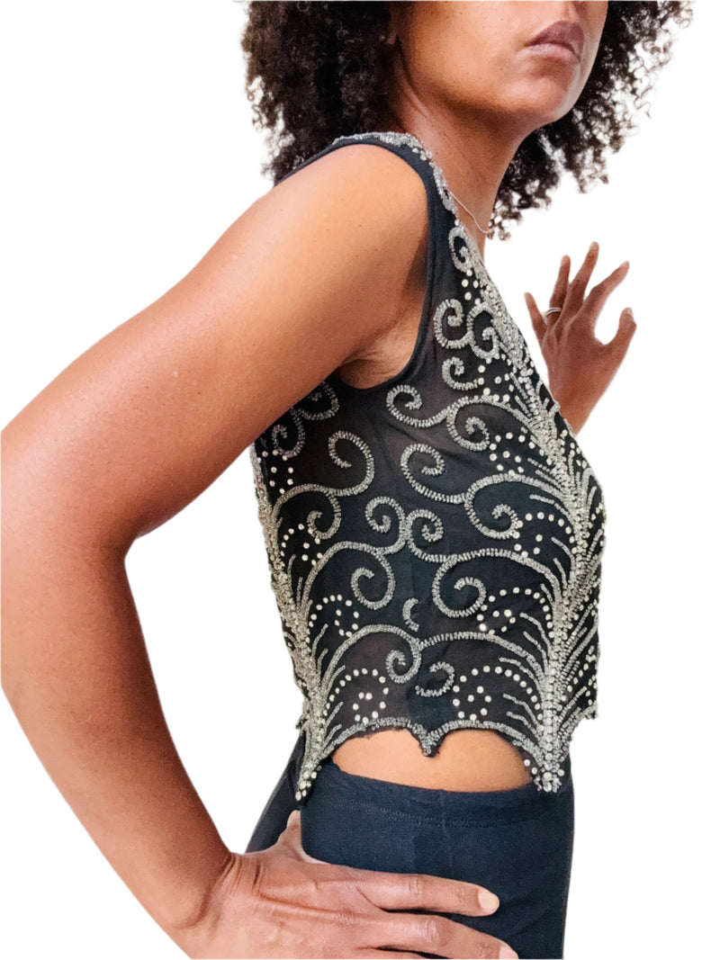 1920's Art Deco Embroidered Black Silk Tank Top
