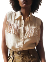 80s Beige Sleeveless Fringed Silk Blouse