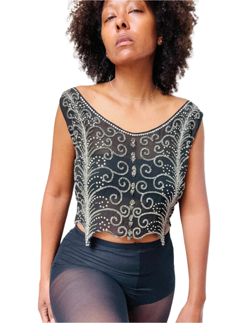 1920's Art Deco Embroidered Black Silk Tank Top