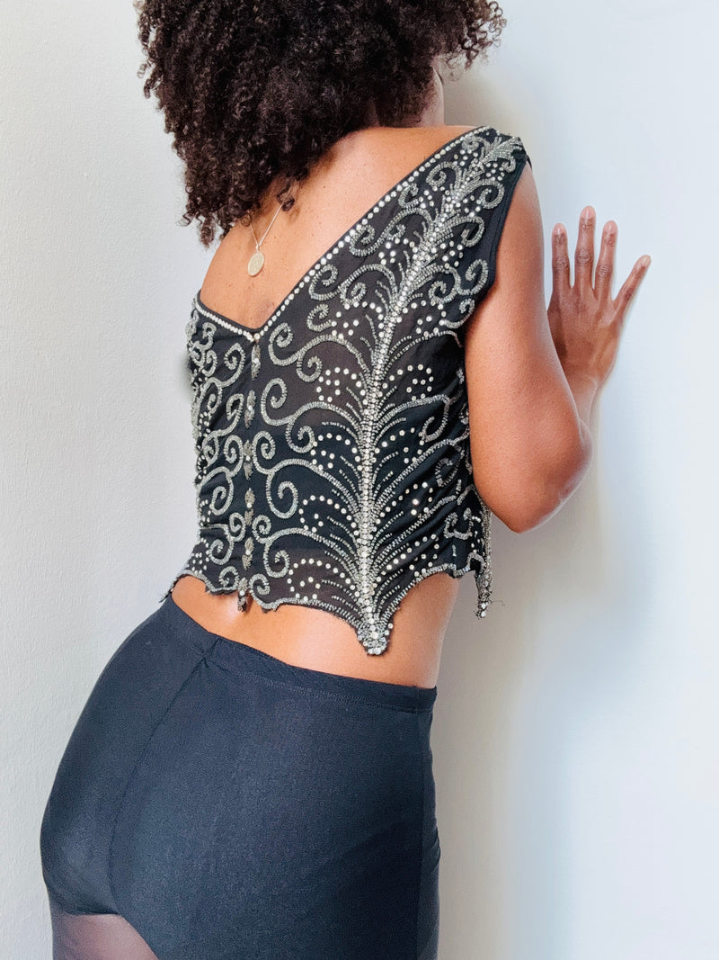 1920's Art Deco Embroidered Black Silk Tank Top