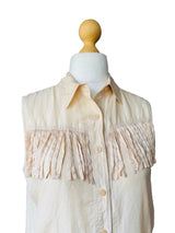 80s Beige Sleeveless Fringed Silk Blouse