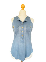 Balmain Periwinkle Blue Sleeveless Linen Knit Jersey Top
