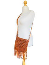 1970s Brown Leather Bohemian Fringed Crossbody Bag