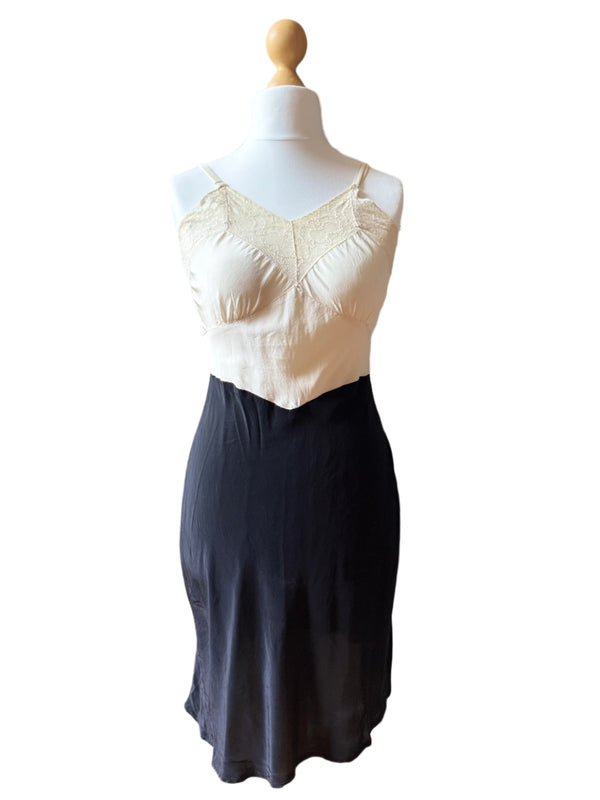 Vintage Ivory & Black Lace Trimmed Slip Dress
