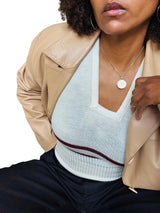 70s Ivory Fitted Square Neck Striped Sweater