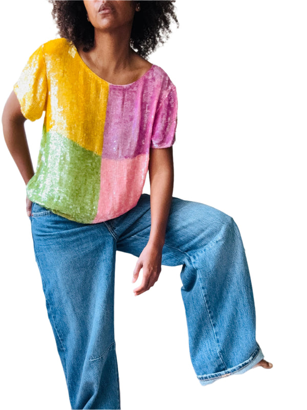 Vintage Christian Dior Boutique Colorblock Silk Sequin Shirt