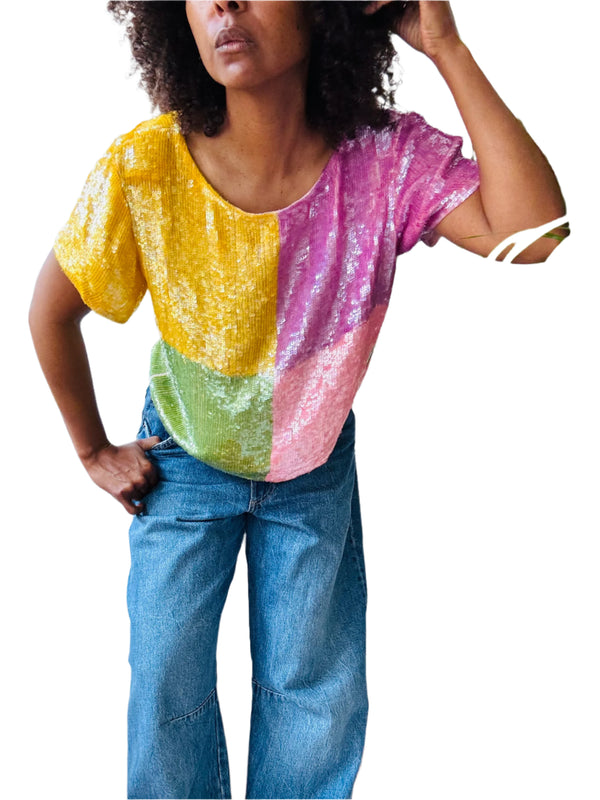 Vintage Christian Dior Boutique Colorblock Silk Sequin Shirt
