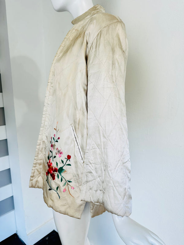 Vintage Ivory Satin Quilted Jacket with Chinese Floral Embroidery