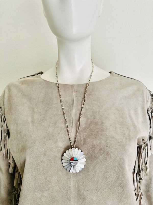 Vintage Native American Zuni Mother of Pearl Pendant/Brooch with Silver Chain